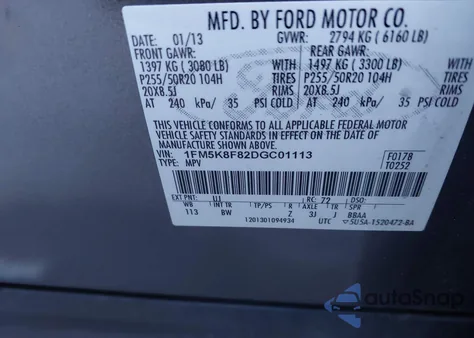 2013 Ford Explorer Limited из США, поврежденный, VIN 1FM5K8F82DGC01113